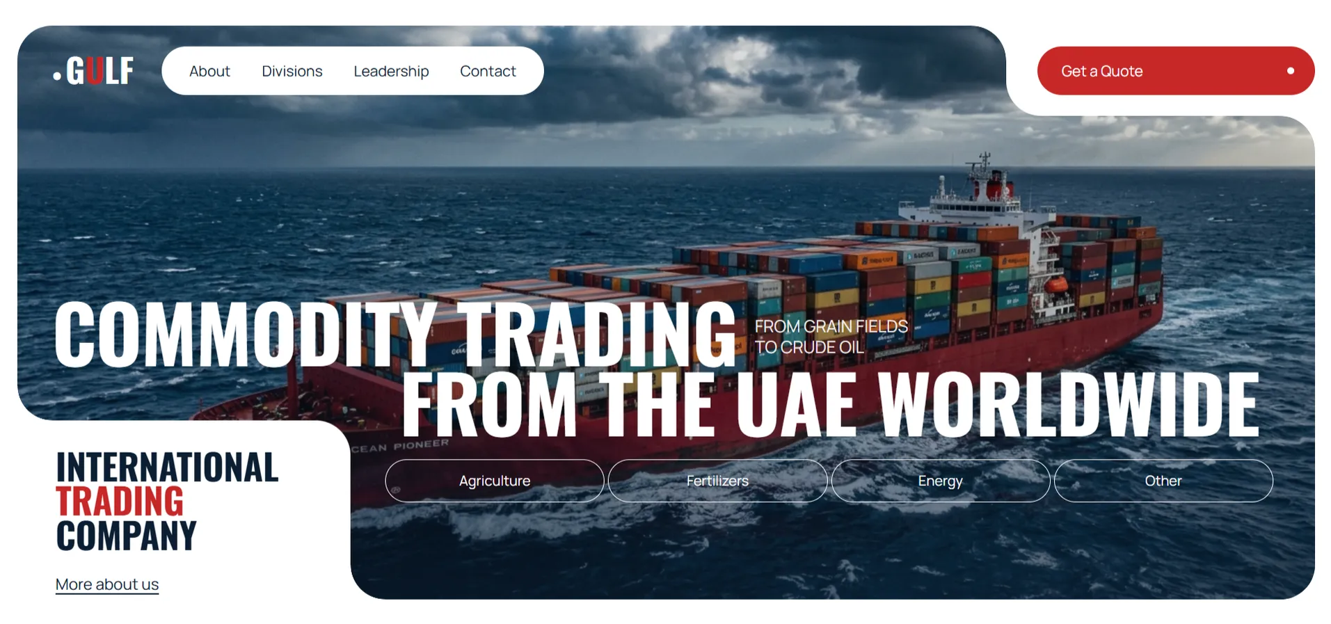 Gulf Link Trading homepage with a container ship and the headline Commodity Trading from the UAE Worldwide